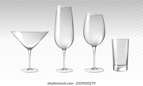 Realistic empty glasses set at copy space. Crockery and utensil for cafe or restaurant. Wine, water and whiskey glasses. Isometric vector collection isolated on transparent background