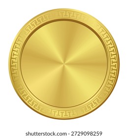 Realistic empty gold medal, template, label, award, mockup. Blank round shiny metallic emblem isolated on transparent background. EPS10 Vector illustration  