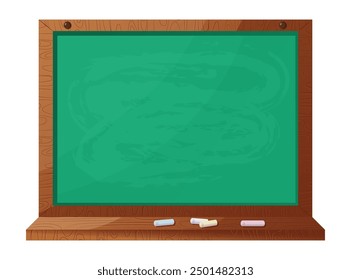 Realistic empty green chalkboard with wooden frame and chalk tray. Board with faint chalk smudges. Perfect for education design, school themes or as a canvas for messages. Vector Illustration.