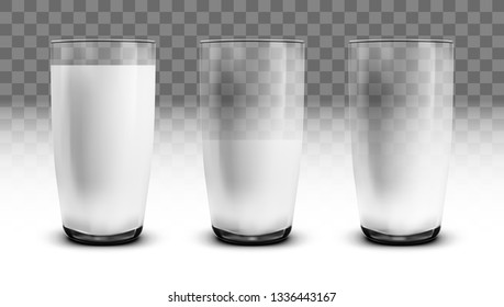 Realistic Empty, Half And Full Of Milk Transparent Glasses. EPS10 Vector