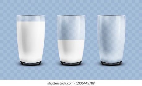 Realistic Empty, Half And Full Of Milk Transparent Glasses. EPS10 Vector