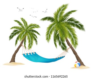 Realistic empty hammock between palm trees and flock of birds in sky on white background vector illustration