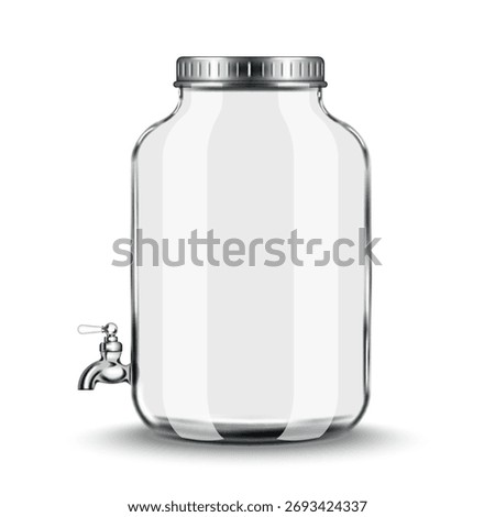 Realistic empty large glass dispenser beverage jar with chrome drink tap with metal lid 3d vector mockup side view, lemonade container or iced tea.