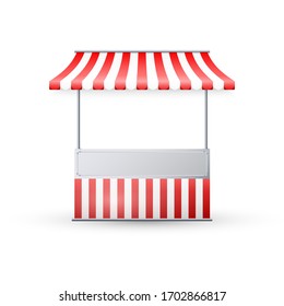 Realistic empty market stall with red and white striped awning. Template street trading, retail stand for grocery goods. Vector illustration