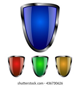 Realistic empty metal shields with shadow, different color, vector illustration