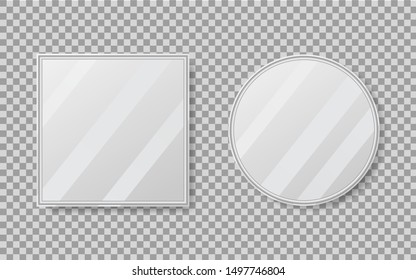 Realistic empty mirrors with reflect in mockup style. Oval mirror with empty surface on isolated background. Set of mirror decor. vector illustration