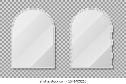 Realistic empty mirrors with reflect in mockup style. Oval mirror with empty surface on isolated background. Set of mirror decor. vector illustration