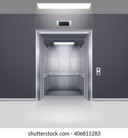 Realistic Empty Modern Elevator with Open Door in Hall