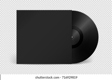 Realistic empty music gramophone vinyl LP record with cover icon closeup isolated on transparent background. Design template of retro long play for advertising, branding, mockup. Stock vector. EPS10.