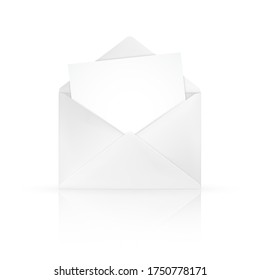 Realistic empty open white envelope with note template for text. Vector illustration