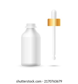 Realistic empty package of beauty product for body. Blank template of container for serum or oil, golden design transparent glass with pipette. Mock up illustration isolated on white.