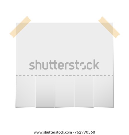 Realistic empty paper ad with cut strips for the address and phone number attached pieces of tape to the Bulletin Board. Vector illustration.