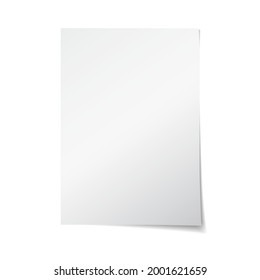Realistic empty paper note template of A4 format with soft corner shadows isolated on white background. Vector illustration of a blank white sheet of paper