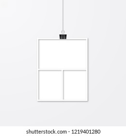 Realistic empty paper photo frame hanging by binder clips on white wall. Wedding album page mockup. Easy to edit template with copy space for your picture. Vector illustration. Place your photo here.