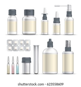 Realistic empty pharmaceutical packaging: a test tube, a tablet container, a bottle for a medicament. Set for design. Vector illustration.