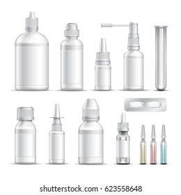 Realistic empty pharmaceutical packaging: a test tube, a tablet container, a bottle for a medicament. Set for design. Vector illustration.