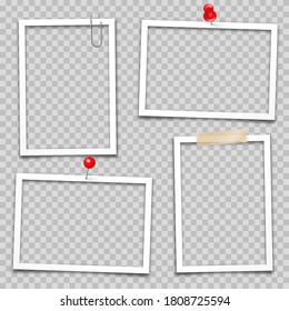 Realistic empty photo card frame, film set. Retro vintage photograph. Digital snapshot image. Template or mockup for design. Vector illustration.