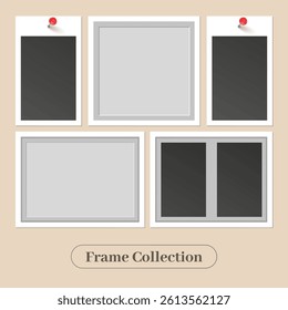 Realistic empty photo card frame set. photograph with transparent adhesive tape and paper clip. Digital 3d realistic style template or mockup