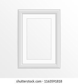 Realistic empty photo frame template, isolated on white background. White, blank picture frame for A4 image or text. Modern design element for you product mock-up or presentation. Vector illustration.