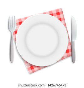 Realistic empty plate, fork and knife served on checkered red napkin top view vector illustration. Can be used for advertising.