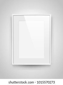 Realistic empty rectangular white frame with passepartout on gray background, border for your creative project, mock-up sample, picture on the wall, vector design object