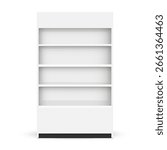 Realistic empty retail display with shelves mockup. Minimal white showcase with four levels for product placement in shop, pharmacy or supermarket. Isolated on white background