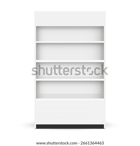Realistic empty retail display with shelves mockup. Minimal white showcase with four levels for product placement in shop, pharmacy or supermarket. Isolated on white background