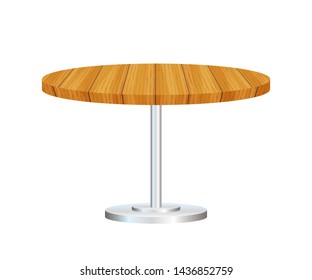 Realistic empty round table with metal stand isolated on white background. Vector stock illustration.