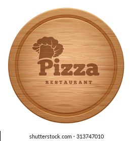 Realistic empty round wooden cutting board with restaurant emblem. Also used for pizza. Vector illustration. Isolated on white background.