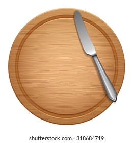 Realistic empty round wooden cutting board with knife. There is space for your text. Vector illustration. Isolated on white background.