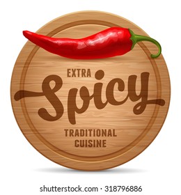 Realistic empty round wooden cutting board with red hot chili pepper. Vector illustration. Isolated on white background.