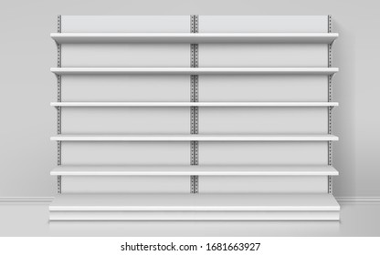 Realistic empty shelves for shop. Mockup of supermarket stand or indoor market counter, exhibition stall. Front view of store showcase, blank mall shelf vector design. Bookcase illustration. Interior