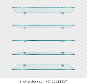 Realistic empty shop glass shelf or shelves on wall with vector transparent background. Modern clear glass shelf stand or bookshelf and showcase rack panel for interior or exhibition display of glass