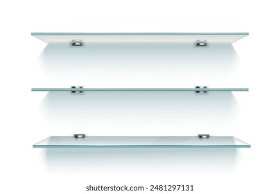 Estante de cristal vacío realista de la tienda sobre fondo blanco de la pared. Estantes transparentes flotantes de la tienda 3d del Vector, estantes del soporte del producto y cornisas. Estanterías claras modernas y paneles de vitrina con sombras