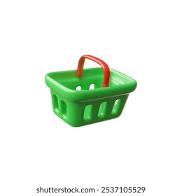 Realistic empty shopping cart 3D cartoon plastic style vector icon. Cartoon green and red basket for New year or Christmas sale, festive special offer and decoration volume symbol