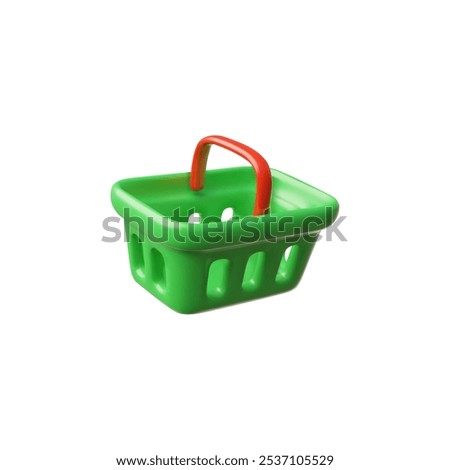 Realistic empty shopping cart 3D cartoon plastic style vector icon. Cartoon green and red basket for New year or Christmas sale, festive special offer and decoration volume symbol