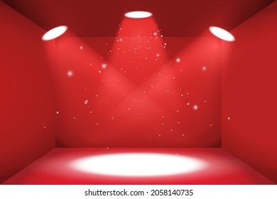 Realistic empty space of the red luxury box with three light sources