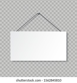 Realistic empty square signboard on transparent background. Door sign hanging on rope