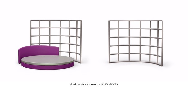 Palco vazio realista com parede de malha, grade de metal para web design. Conjunto de modelos de vetor