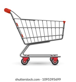 Realistic empty supermarket shopping cart vector illustration isolated on white background. Illustration of basket for supermarket, trolley retail metallic pushcart