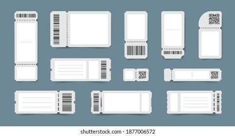 Realistic empty ticket mockups set with isolated coupons tear off stubs and barcodes on detachable slips vector illustration