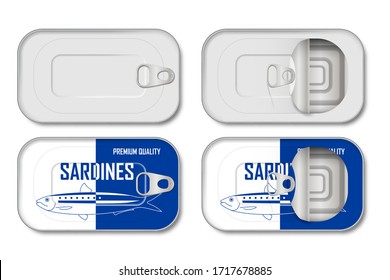 Realistic empty tin can with label and without. Sardine tin can mockup top view isolated. vector illustration template