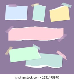 Realistic empty torn colored paper notes with sticky tape on purple background. Vector illustration of mood board mockup with ripped paper scraps. Square shreds of notebook pages