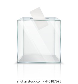 Realistic empty transparent ballot box with voting paper in hole on white background isolated vector illustration
