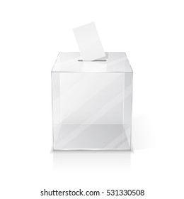 Realistic empty transparent ballot box with blank voting paper. Illustration on white background