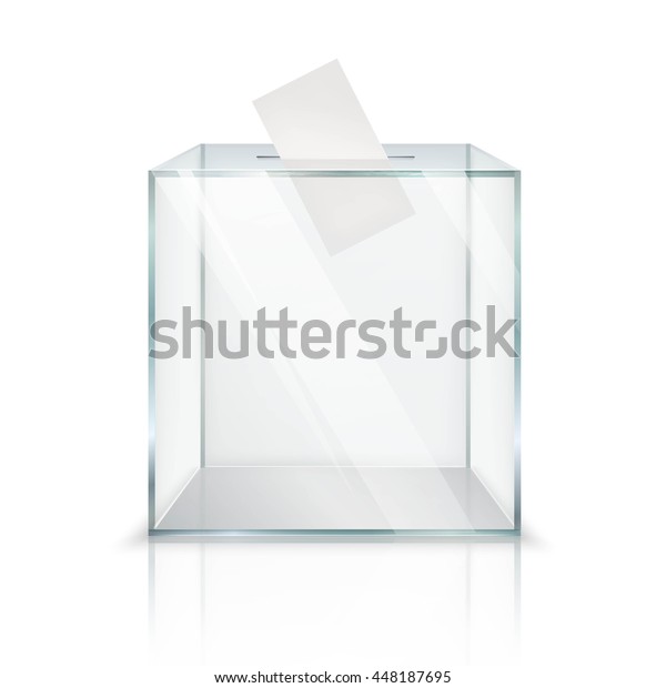 Realistic empty\
transparent ballot box with voting paper in hole on white\
background isolated vector\
illustration