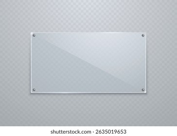Realistic empty transparent glass or plastic frame hanging on the wall is isolated on a light background. Vector illustration.