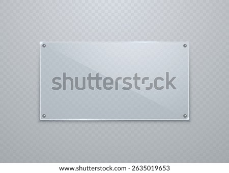 Realistic empty transparent glass or plastic frame hanging on the wall is isolated on a light background. Vector illustration.