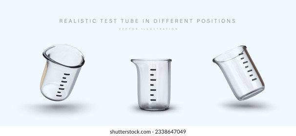 Tubos de prueba transparentes vacíos y realistas. Conjunto de iconos vectoriales para el diseño web. Cubo de medición con spout. Ilustraciones de diferentes lados, con sombras. Utensilios de laboratorio para la investigación