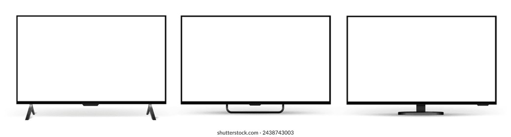 Realistic empty TV frame set, mockup of a large modern black TV, modern stylish monitor, collection blank television template